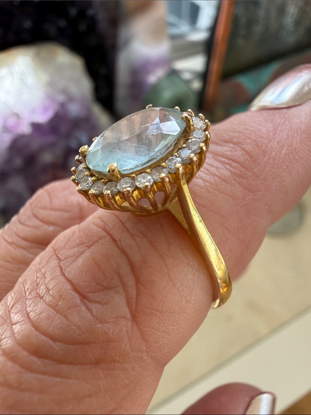 Gold aquamarine Halo Ring with Light Blue Center Stone